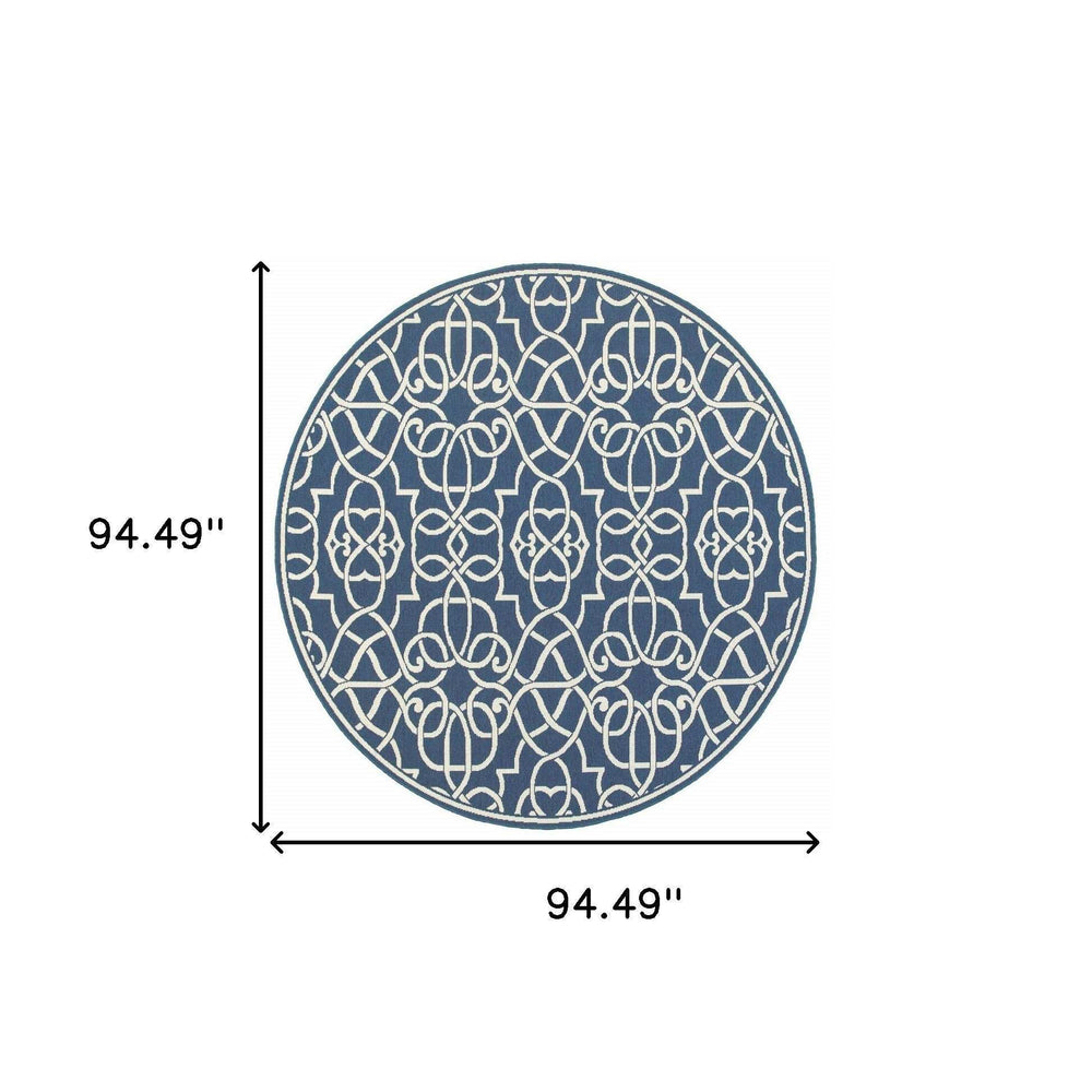 8' X 8' Blue and Ivory Round Geometric Stain Resistant Indoor Outdoor Area Rug - Homeroots - Flyclothing LLC