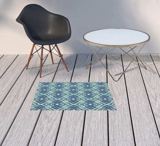 2' X 3' Blue and Ivory Geometric Stain Resistant Indoor Outdoor Area Rug - Homeroots - Flyclothing LLC