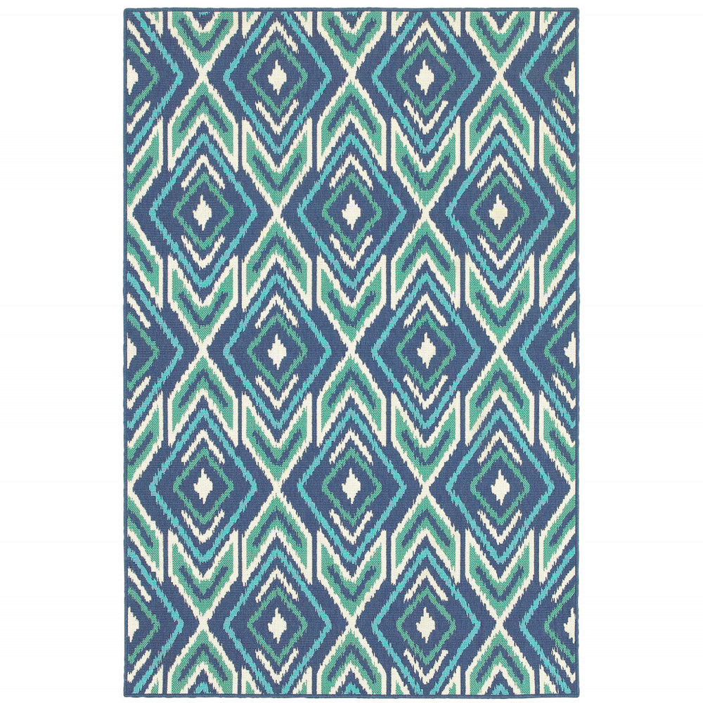 2' X 3' Blue and Ivory Geometric Stain Resistant Indoor Outdoor Area Rug