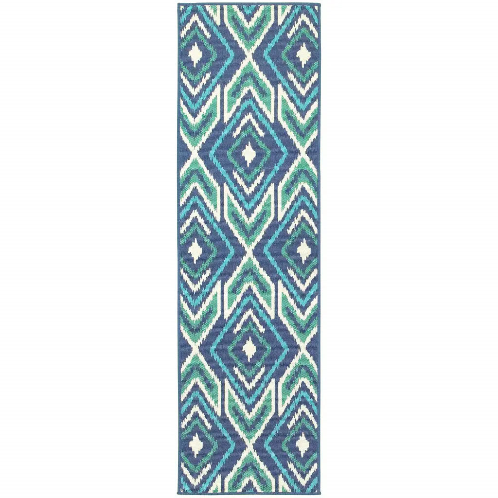 2' X 8' Blue and Ivory Geometric Stain Resistant Indoor Outdoor Area Rug - Homeroots - Flyclothing LLC