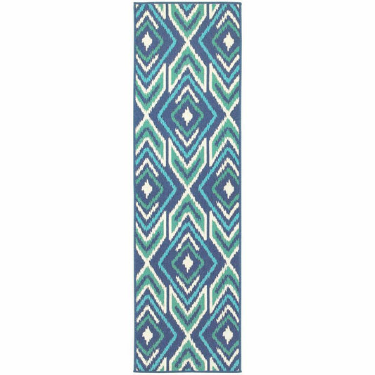 2' X 8' Blue and Ivory Geometric Stain Resistant Indoor Outdoor Area Rug - Homeroots - Flyclothing LLC