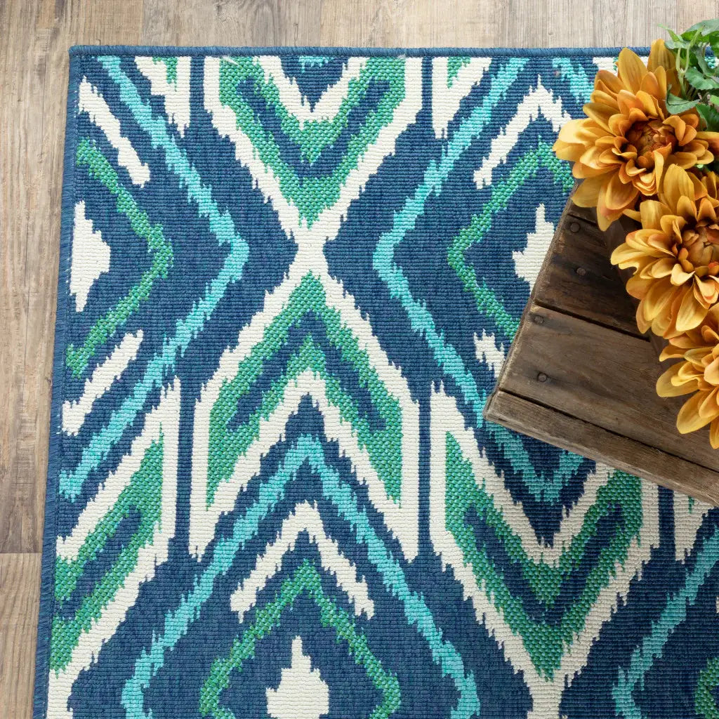 2' X 8' Blue and Ivory Geometric Stain Resistant Indoor Outdoor Area Rug - Homeroots - Flyclothing LLC