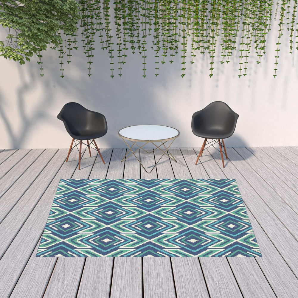 7' X 10' Blue and Ivory Geometric Stain Resistant Indoor Outdoor Area Rug - Homeroots - Flyclothing LLC