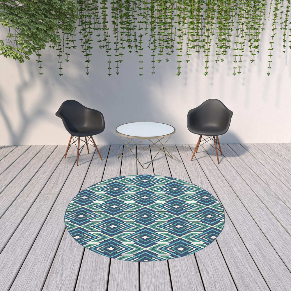 8' X 8' Blue and Ivory Round Geometric Stain Resistant Indoor Outdoor Area Rug - Homeroots - Flyclothing LLC