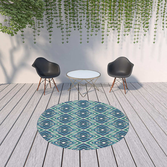 8' X 8' Blue and Ivory Round Geometric Stain Resistant Indoor Outdoor Area Rug - Homeroots - Flyclothing LLC