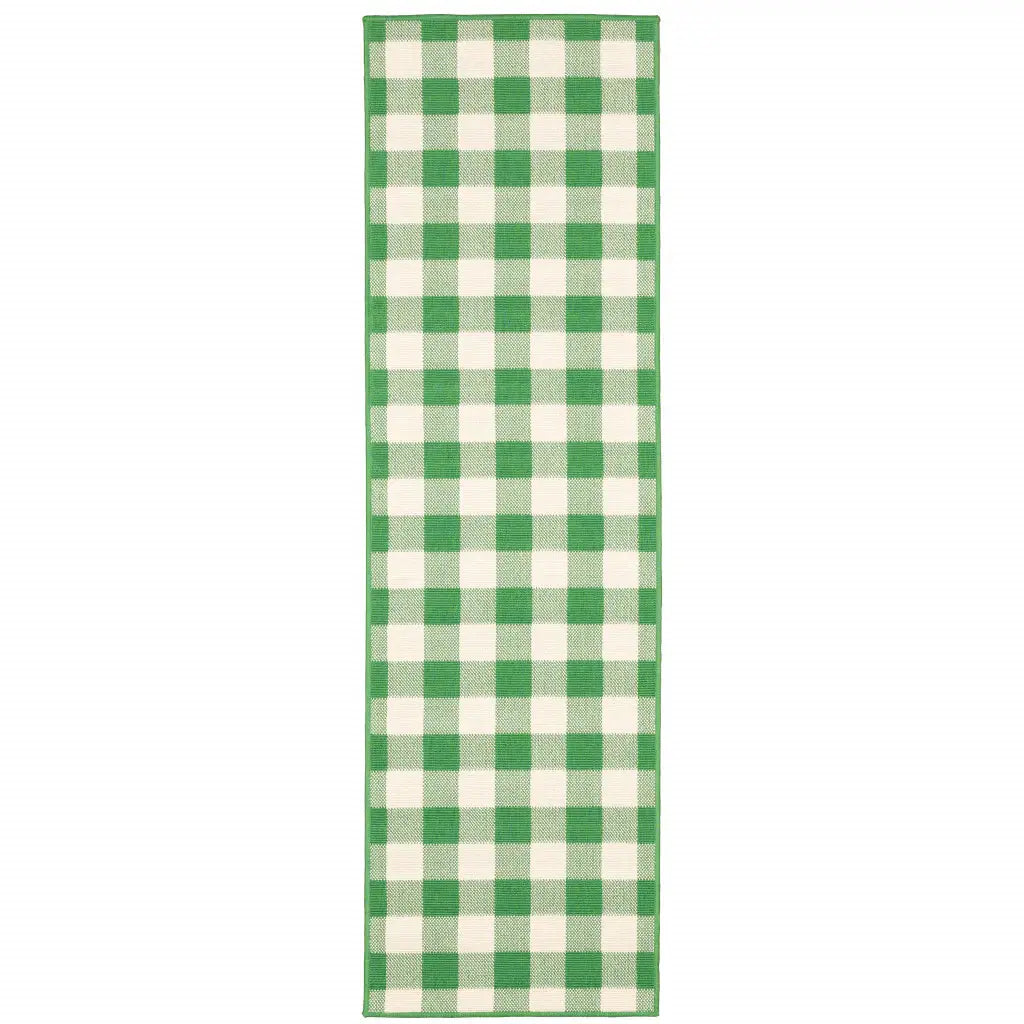 2' X 8' Green and Ivory Geometric Stain Resistant Indoor Outdoor Area Rug - Homeroots - Flyclothing LLC