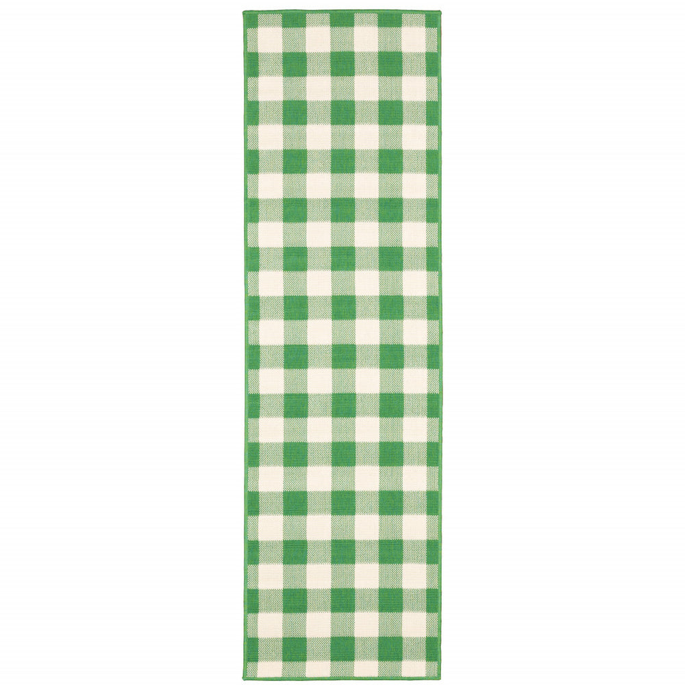 2' X 8' Green and Ivory Geometric Stain Resistant Indoor Outdoor Area Rug - Homeroots