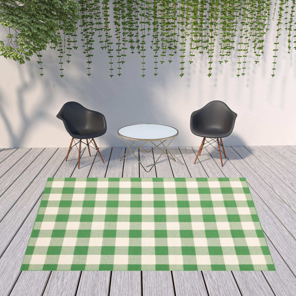 8' X 11' Green and Ivory Geometric Stain Resistant Indoor Outdoor Area Rug - Homeroots - Flyclothing LLC