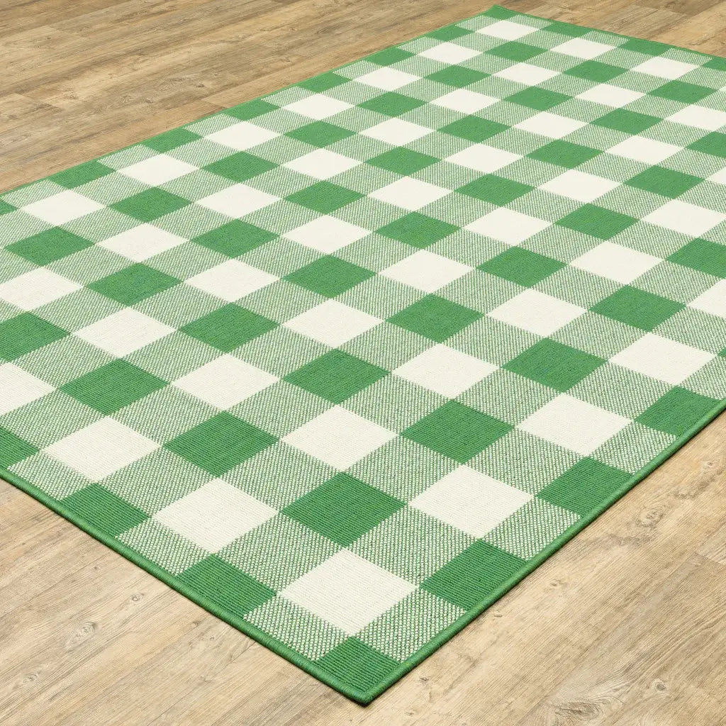 9' X 13' Green and Ivory Geometric Stain Resistant Indoor Outdoor Area Rug - Homeroots - Flyclothing LLC
