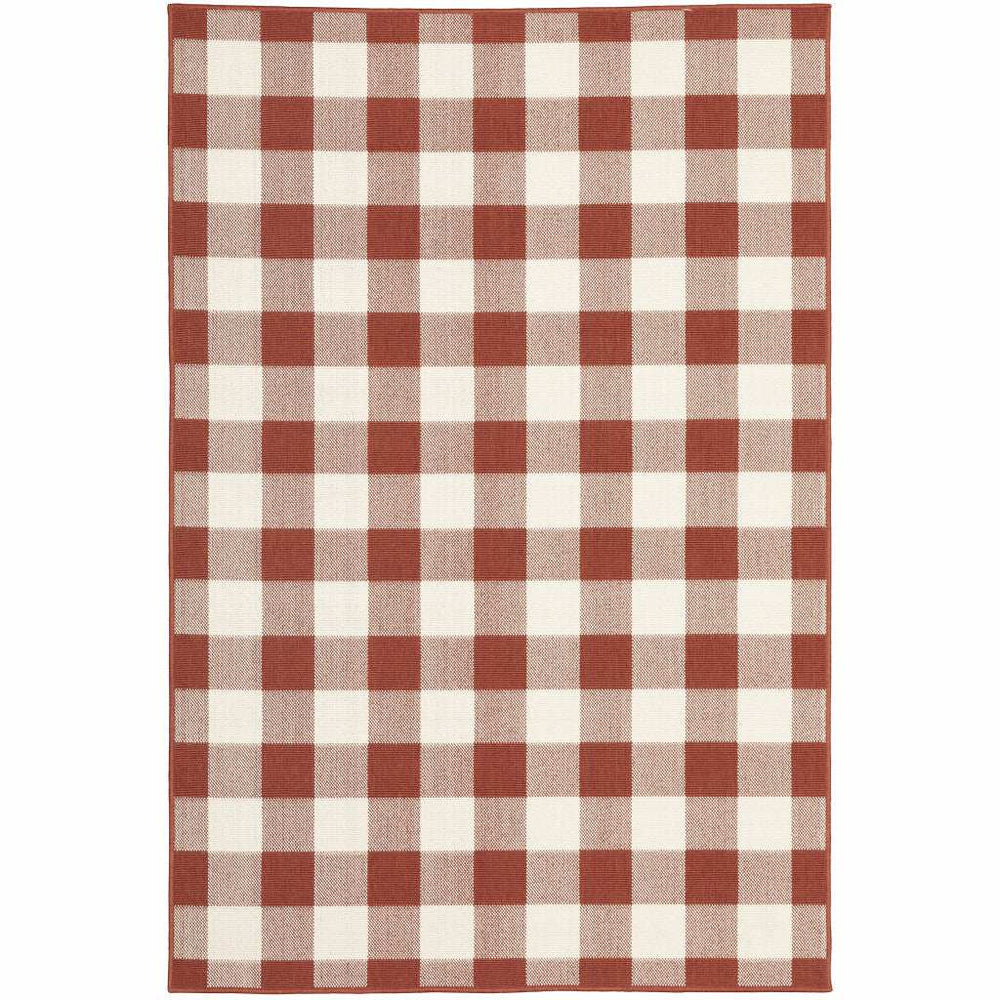 7' X 10' Red and Ivory Geometric Stain Resistant Indoor Outdoor Area Rug - Homeroots - Flyclothing LLC