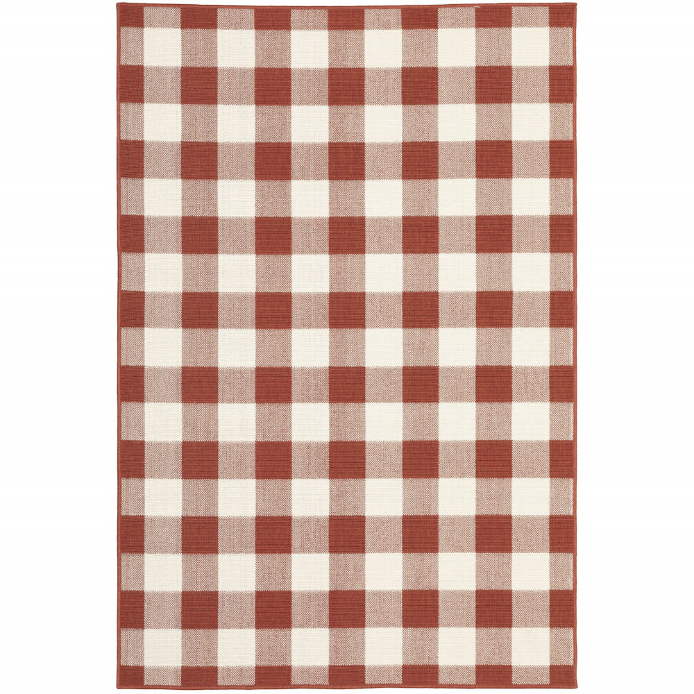8' X 11' Red and Ivory Geometric Stain Resistant Indoor Outdoor Area Rug - Homeroots