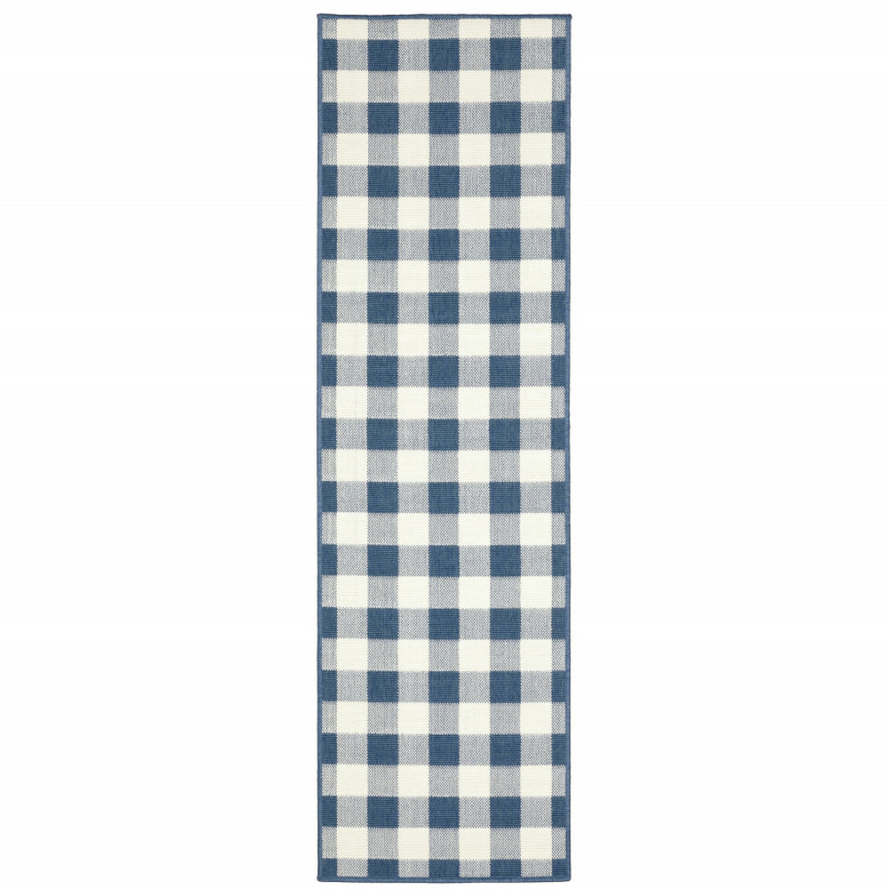 2' X 8' Blue and Ivory Geometric Stain Resistant Indoor Outdoor Area Rug