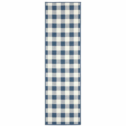 2' X 8' Blue and Ivory Geometric Stain Resistant Indoor Outdoor Area Rug - Homeroots - Flyclothing LLC