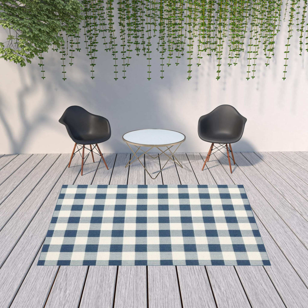 7' X 10' Blue and Ivory Geometric Stain Resistant Indoor Outdoor Area Rug - Homeroots - Flyclothing LLC