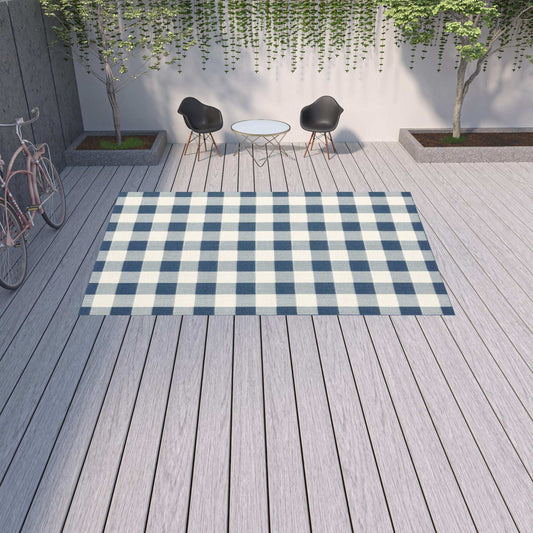 9' X 13' Blue and Ivory Geometric Stain Resistant Indoor Outdoor Area Rug - Homeroots - Flyclothing LLC
