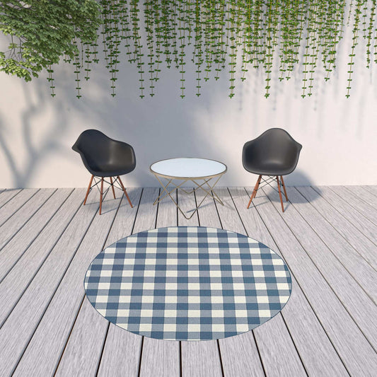 8' X 8' Blue and Ivory Round Geometric Stain Resistant Indoor Outdoor Area Rug - Homeroots - Flyclothing LLC
