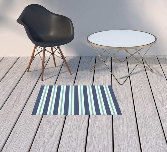 2' X 3' Blue and Ivory Geometric Stain Resistant Indoor Outdoor Area Rug - Homeroots - Flyclothing LLC