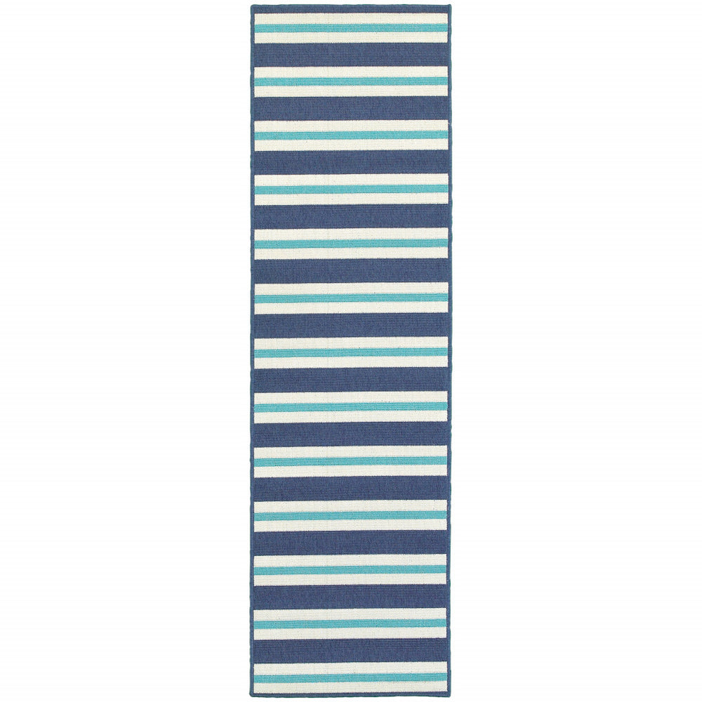 2' X 8' Blue and Ivory Geometric Stain Resistant Indoor Outdoor Area Rug - Homeroots