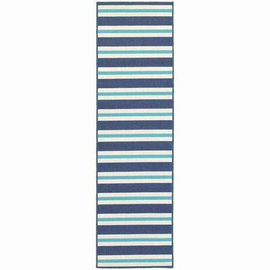 2' X 8' Blue and Ivory Geometric Stain Resistant Indoor Outdoor Area Rug - Homeroots - Flyclothing LLC