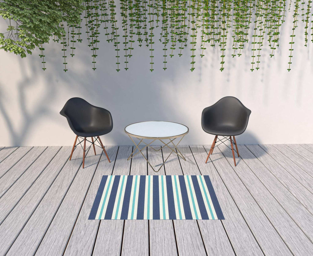 4' X 6' Blue and Ivory Geometric Stain Resistant Indoor Outdoor Area Rug - Homeroots - Flyclothing LLC