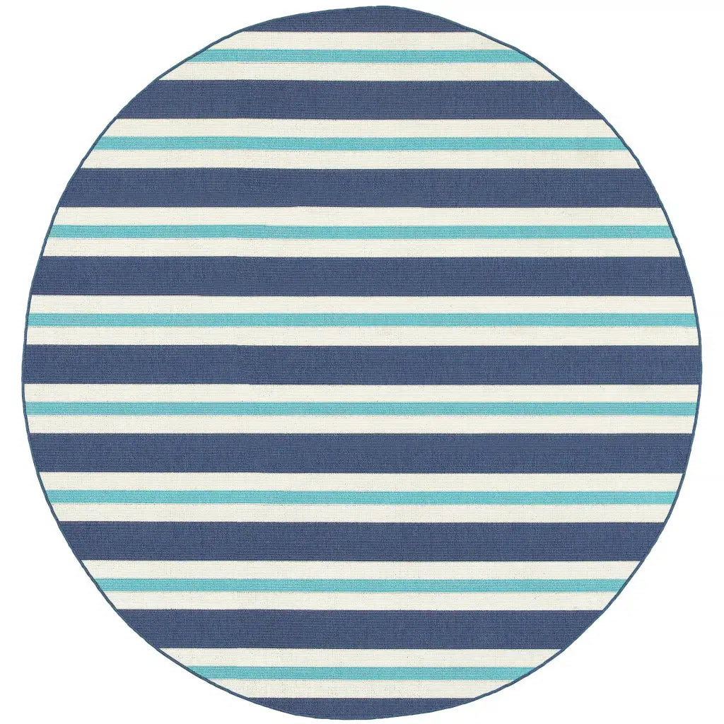 8' X 8' Blue and Ivory Round Geometric Stain Resistant Indoor Outdoor Area Rug - Homeroots - Flyclothing LLC
