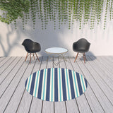 8' X 8' Blue and Ivory Round Geometric Stain Resistant Indoor Outdoor Area Rug - Homeroots