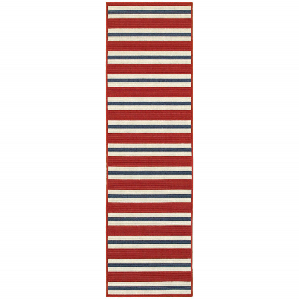 2' X 8' Red and Ivory Geometric Stain Resistant Indoor Outdoor Area Rug