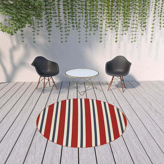 8' X 8' Red and Ivory Round Geometric Stain Resistant Indoor Outdoor Area Rug - Homeroots - Flyclothing LLC