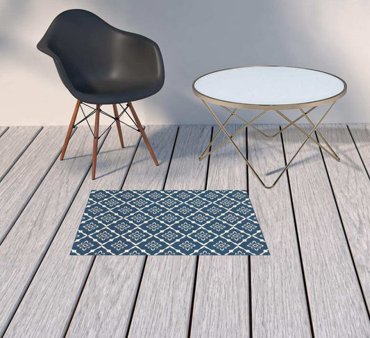 2' X 3' Blue and Ivory Floral Stain Resistant Indoor Outdoor Area Rug - Homeroots - Flyclothing LLC