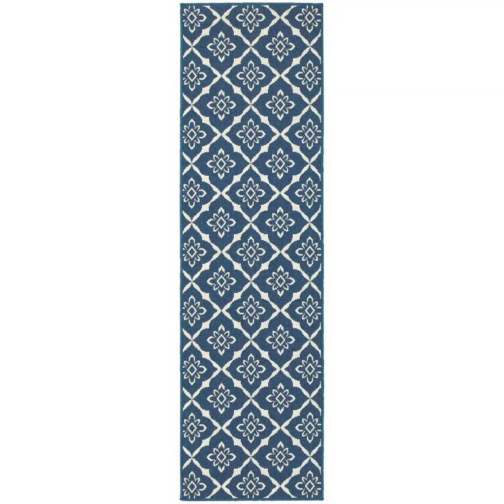 2' X 8' Blue and Ivory Floral Stain Resistant Indoor Outdoor Area Rug - Homeroots - Flyclothing LLC