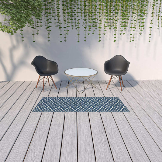 2' X 8' Blue and Ivory Floral Stain Resistant Indoor Outdoor Area Rug - Homeroots - Flyclothing LLC