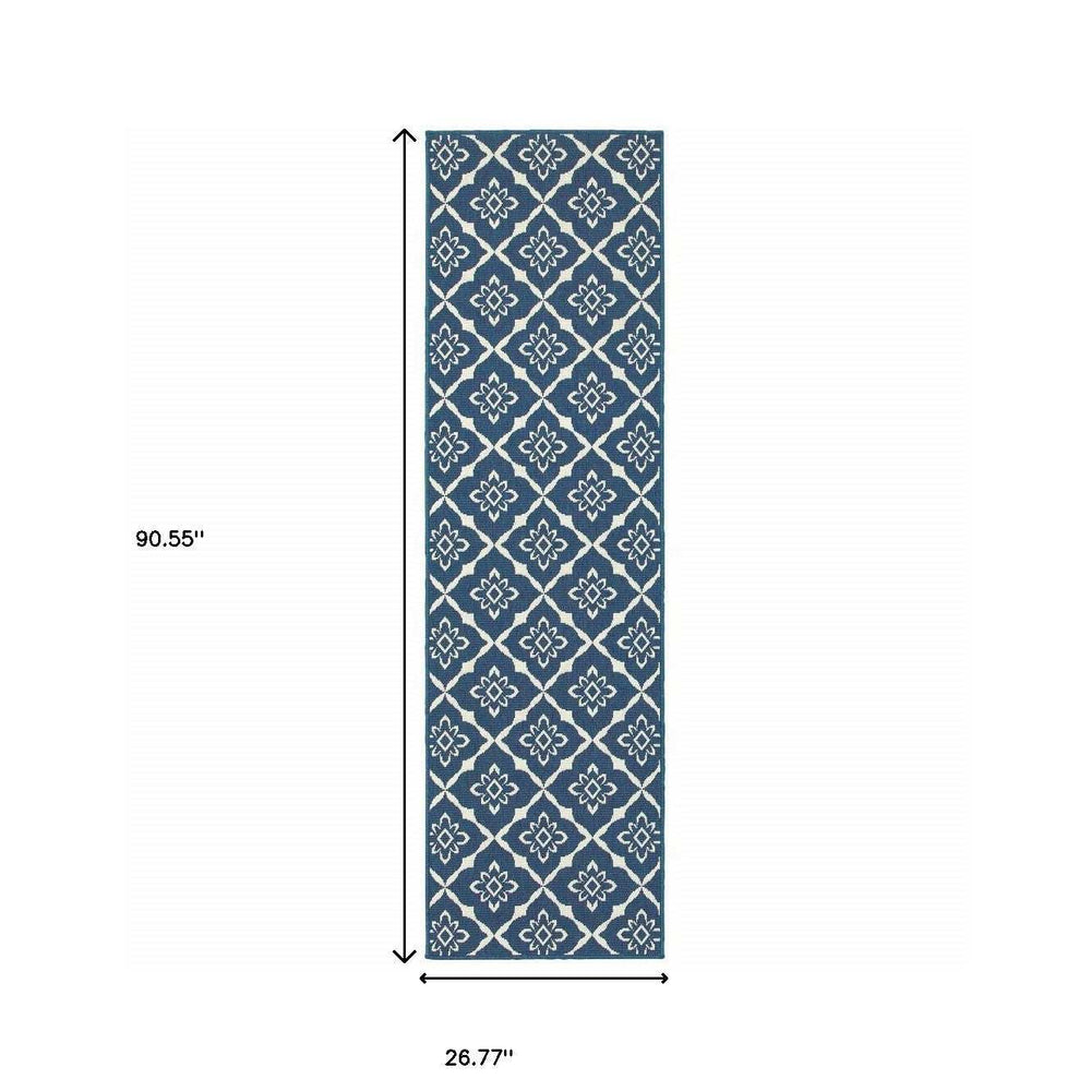2' X 8' Blue and Ivory Floral Stain Resistant Indoor Outdoor Area Rug - Homeroots - Flyclothing LLC
