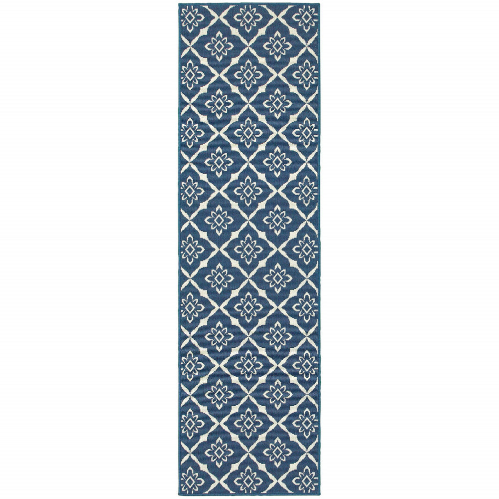 2' X 8' Blue and Ivory Floral Stain Resistant Indoor Outdoor Area Rug