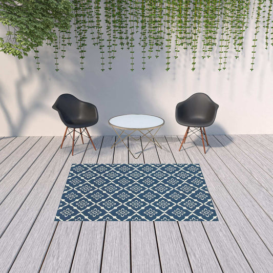5' X 8' Blue and Ivory Floral Stain Resistant Indoor Outdoor Area Rug - Homeroots - Flyclothing LLC