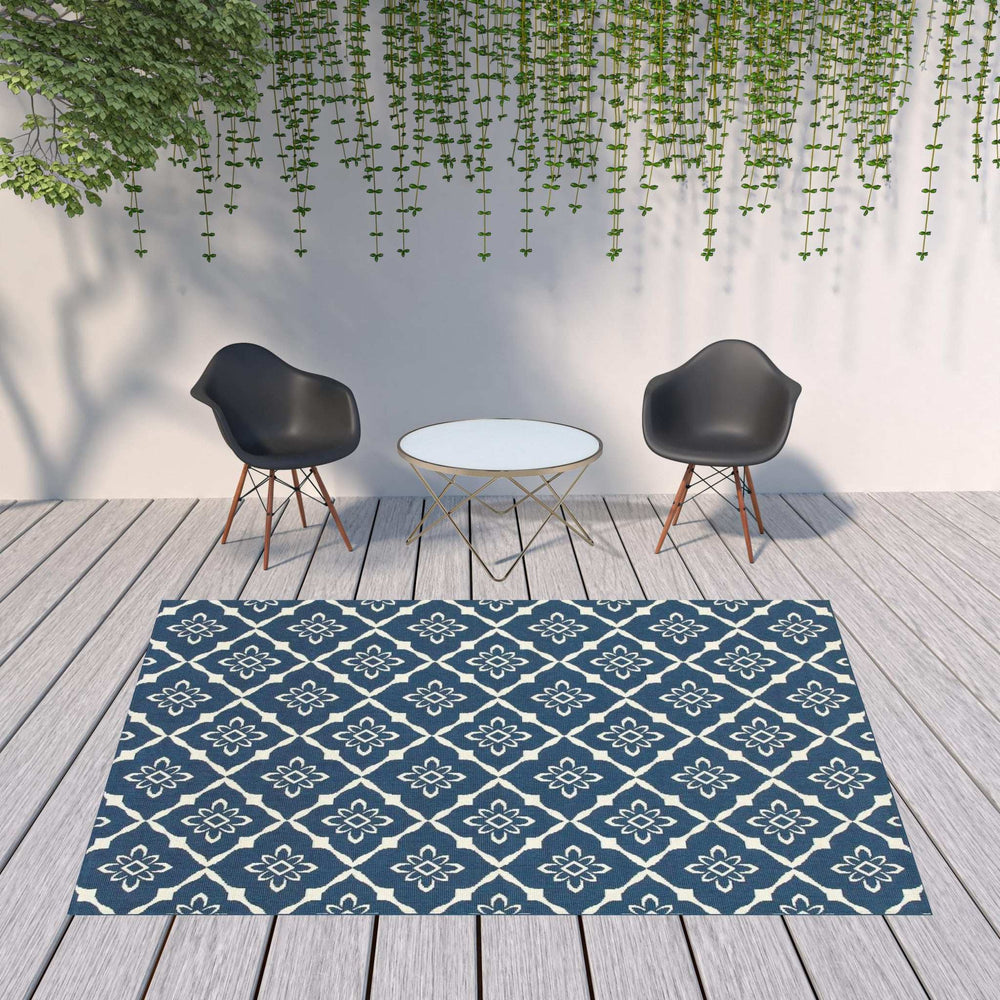 8' X 11' Blue and Ivory Floral Stain Resistant Indoor Outdoor Area Rug - Homeroots - Flyclothing LLC