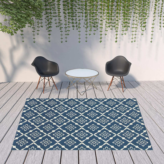 8' X 11' Blue and Ivory Floral Stain Resistant Indoor Outdoor Area Rug - Homeroots - Flyclothing LLC