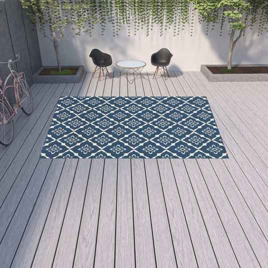 9' X 13' Blue and Ivory Floral Stain Resistant Indoor Outdoor Area Rug - Homeroots - Flyclothing LLC
