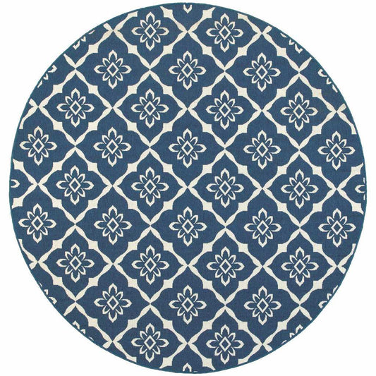 8' X 8' Blue and Ivory Round Floral Stain Resistant Indoor Outdoor Area Rug - Homeroots - Flyclothing LLC