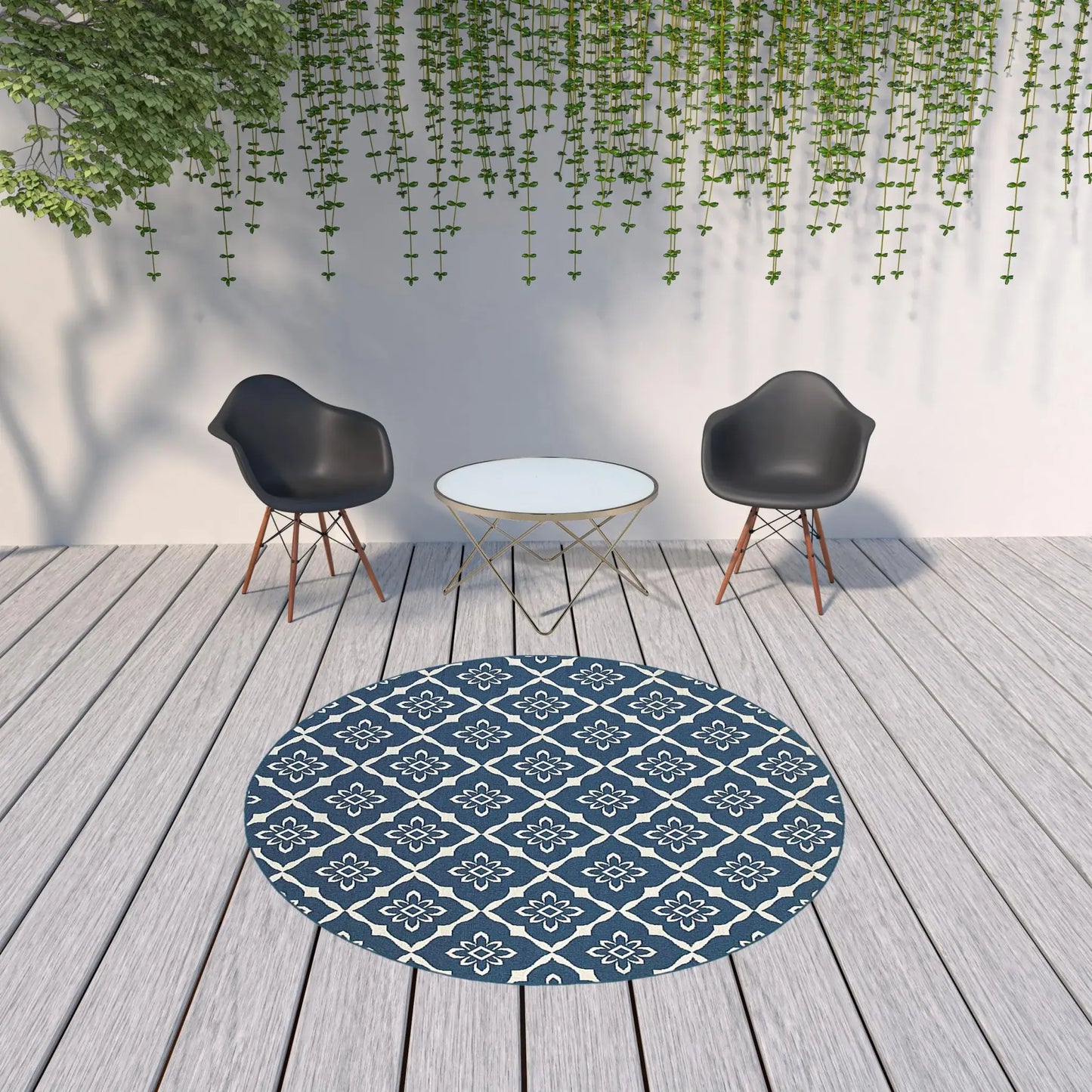 8' X 8' Blue and Ivory Round Floral Stain Resistant Indoor Outdoor Area Rug - Homeroots - Flyclothing LLC