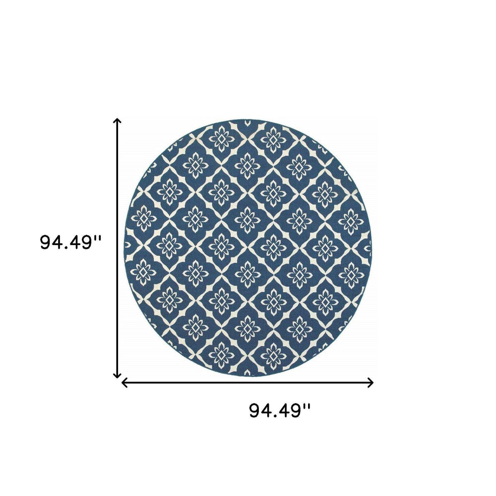 8' X 8' Blue and Ivory Round Floral Stain Resistant Indoor Outdoor Area Rug - Homeroots - Flyclothing LLC