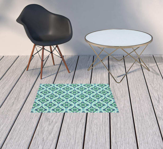 2' X 3' Blue and Green Geometric Stain Resistant Indoor Outdoor Area Rug - Homeroots - Flyclothing LLC