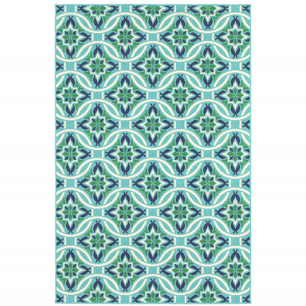 2' X 3' Blue and Green Geometric Stain Resistant Indoor Outdoor Area Rug