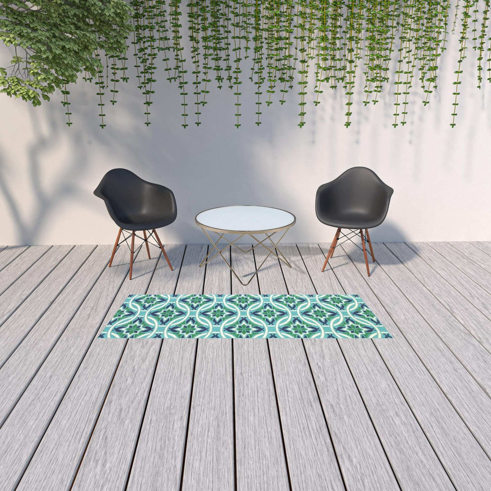 2' X 8' Blue and Green Geometric Stain Resistant Indoor Outdoor Area Rug - Homeroots - Flyclothing LLC