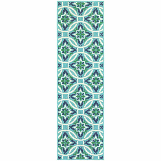 2' X 8' Blue and Green Geometric Stain Resistant Indoor Outdoor Area Rug - Homeroots - Flyclothing LLC