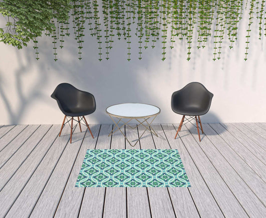 4' X 6' Blue and Green Geometric Stain Resistant Indoor Outdoor Area Rug - Homeroots - Flyclothing LLC