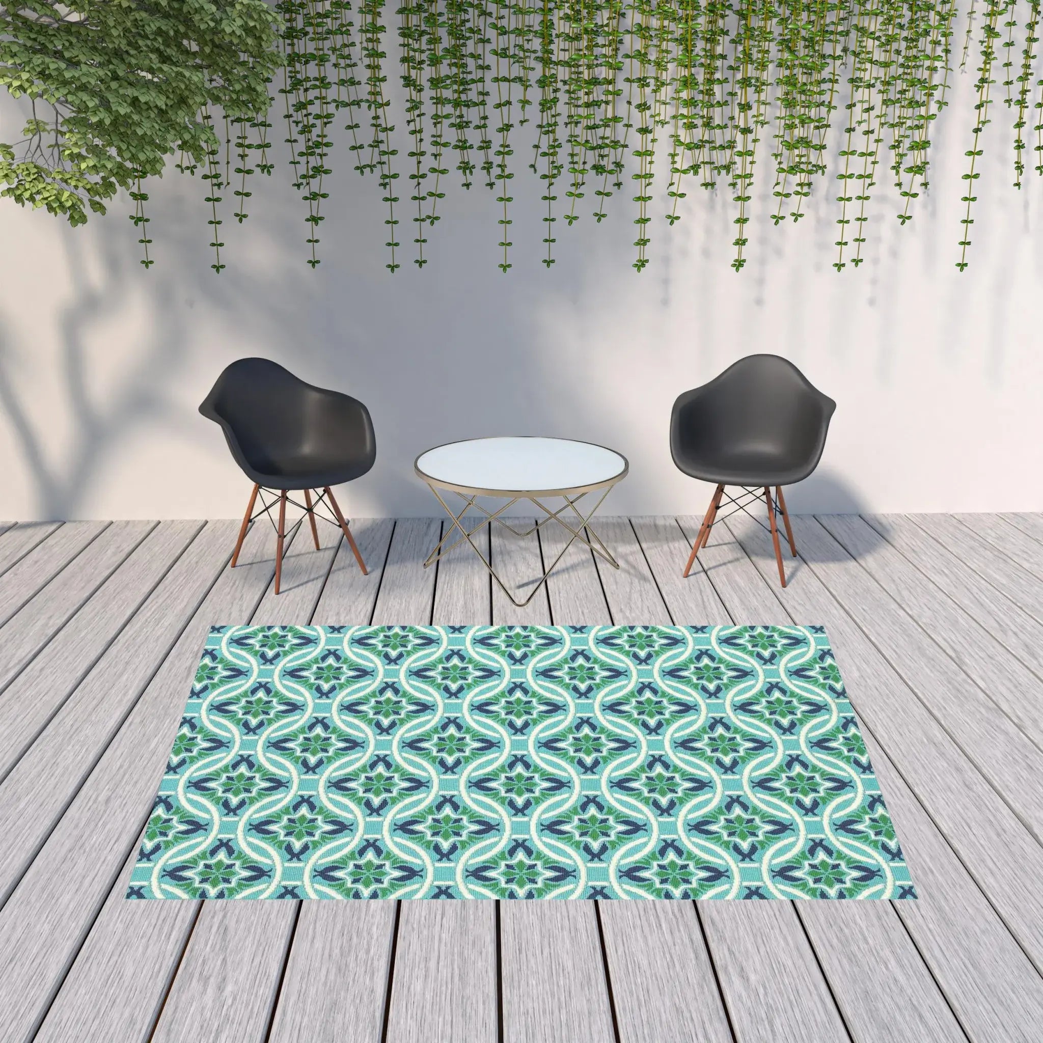 7' X 10' Blue and Green Geometric Stain Resistant Indoor Outdoor Area Rug - Homeroots - Flyclothing LLC
