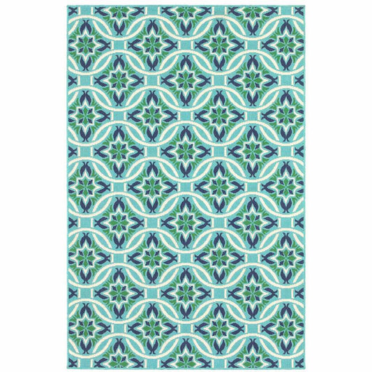 7' X 10' Blue and Green Geometric Stain Resistant Indoor Outdoor Area Rug - Homeroots - Flyclothing LLC