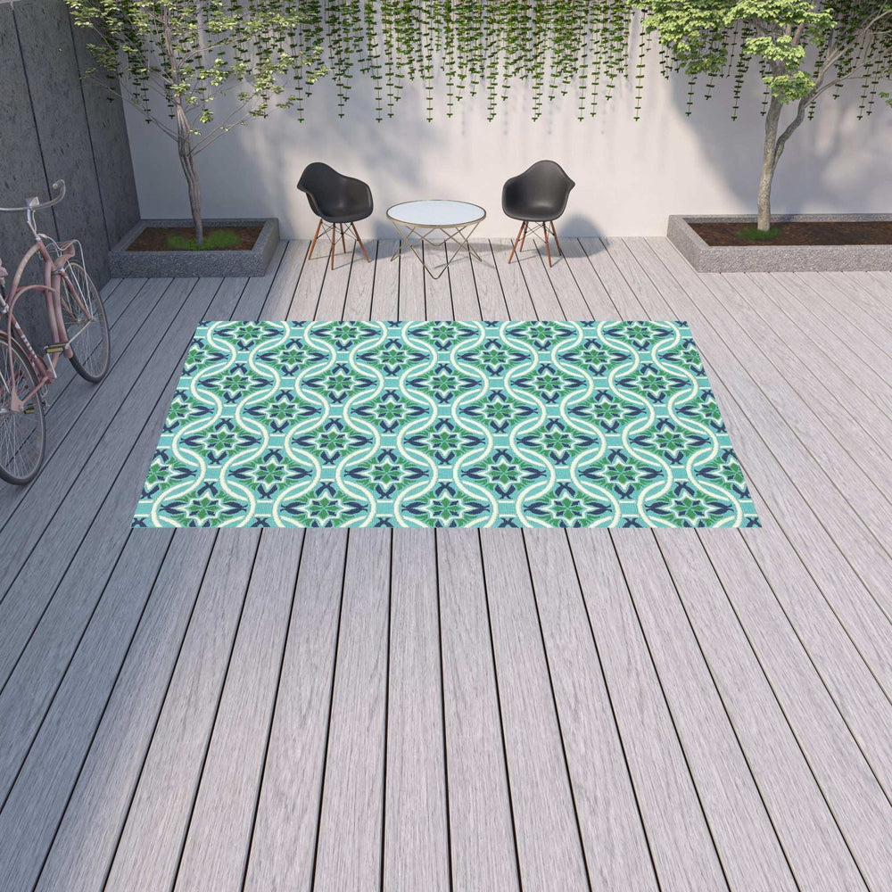 9' X 13' Blue and Green Geometric Stain Resistant Indoor Outdoor Area Rug - Homeroots - Flyclothing LLC