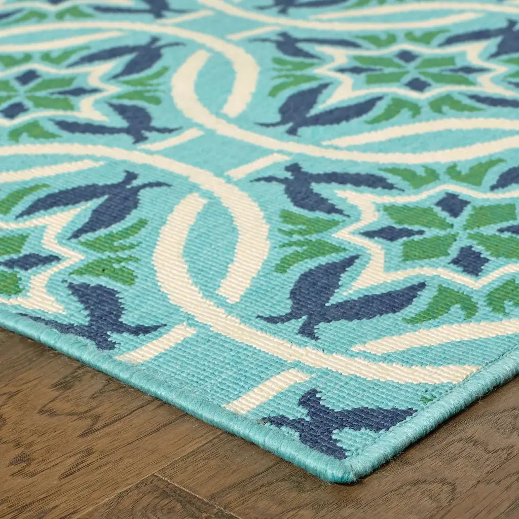 9' X 13' Blue and Green Geometric Stain Resistant Indoor Outdoor Area Rug - Homeroots - Flyclothing LLC