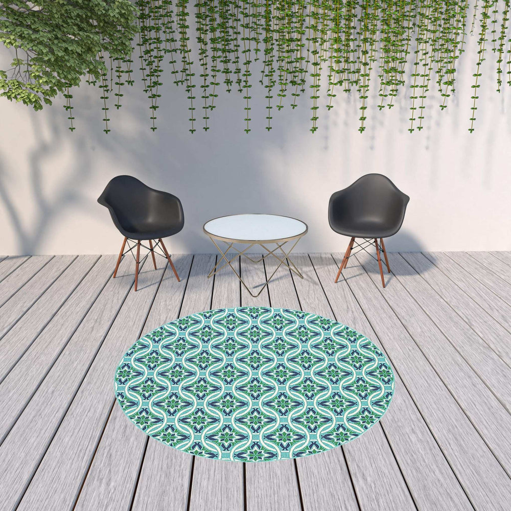 8' X 8' Blue and Green Round Geometric Stain Resistant Indoor Outdoor Area Rug - Homeroots - Flyclothing LLC